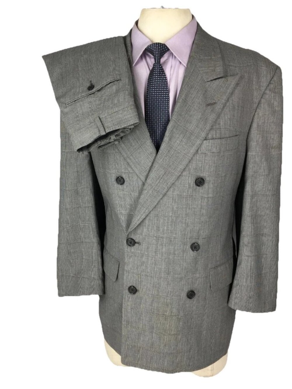 42S Tom James Mens Vintage Double Breasted Wool Suit Pencil Gray Pants 34